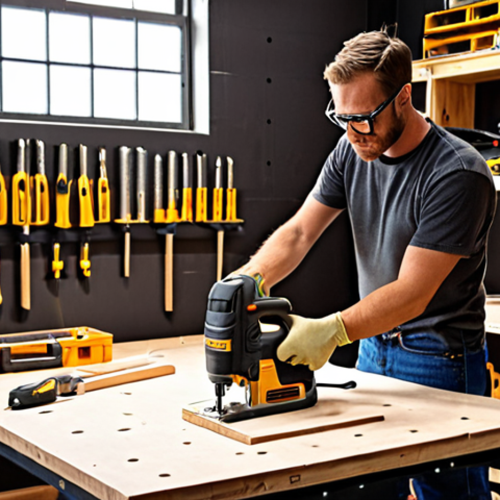 **Image:** A well-lit workshop scene. A person wearing safety glasses is using a power drill to assemble a wooden shelf. Various woodworking tools are visible in the background (sandpaper, clamps, wood glue). Emphasize the DIY aspect and the focus on safety. Style: Realistic, bright lighting.
