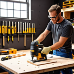 **Image:** A well-lit workshop scene. A person wearing safety glasses is using a power drill to assemble a wooden shelf. Various woodworking tools are visible in the background (sandpaper, clamps, wood glue). Emphasize the DIY aspect and the focus on safety. Style: Realistic, bright lighting.