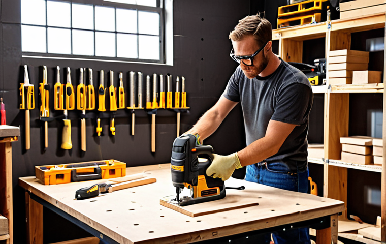 **Image:** A well-lit workshop scene. A person wearing safety glasses is using a power drill to assemble a wooden shelf. Various woodworking tools are visible in the background (sandpaper, clamps, wood glue). Emphasize the DIY aspect and the focus on safety. Style: Realistic, bright lighting.