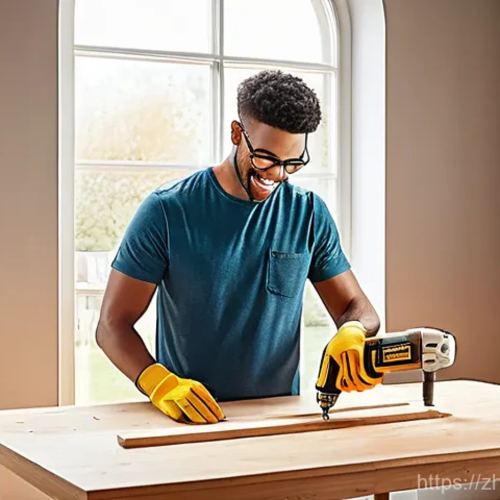 임팩트 드라이버 추천 - **Prompt:** A cheerful young adult, dressed in a comfortable t-shirt and jeans, is confidently assem...