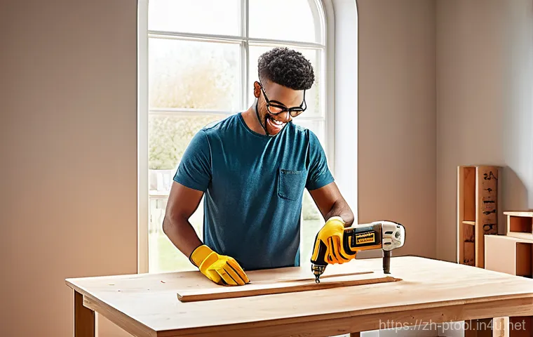 임팩트 드라이버 추천 - **Prompt:** A cheerful young adult, dressed in a comfortable t-shirt and jeans, is confidently assem...