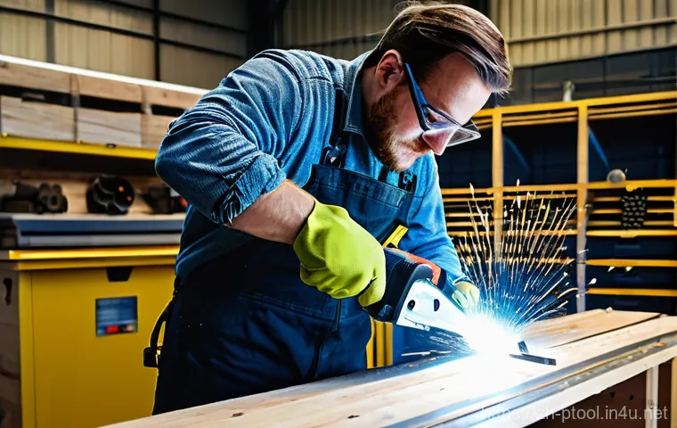 전동 공구 전문가 인터뷰 - **Prompt: A close-up shot focusing on an adult's hands (wearing fitted, modern work gloves) firmly g...