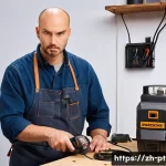 전동 공구 관련 국가별 규격 차이 - **Prompt:** A DIY enthusiast, mid-30s, looking perplexed and slightly frustrated in a home workshop ...