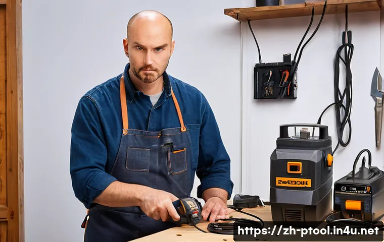 전동 공구 관련 국가별 규격 차이 - **Prompt:** A DIY enthusiast, mid-30s, looking perplexed and slightly frustrated in a home workshop ...