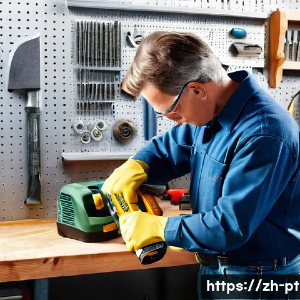 전동 공구 사용 시 흔한 실수 - A focused adult, wearing a sturdy work shirt, jeans, and well-fitting safety glasses, is carefully i...