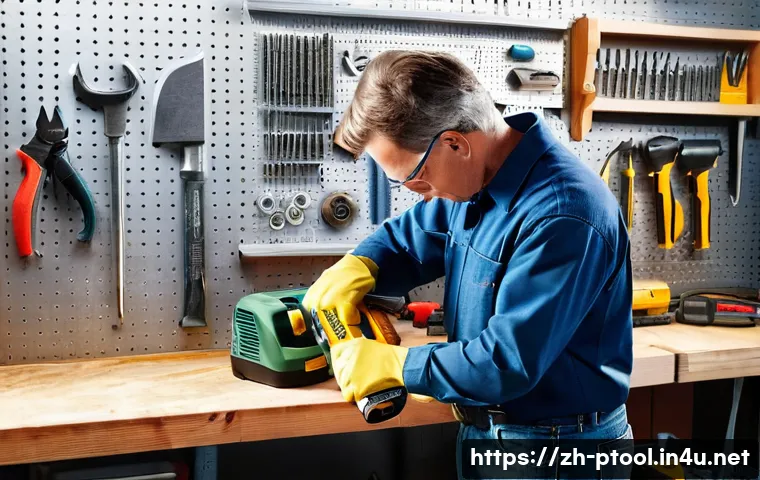 전동 공구 사용 시 흔한 실수 - A focused adult, wearing a sturdy work shirt, jeans, and well-fitting safety glasses, is carefully i...