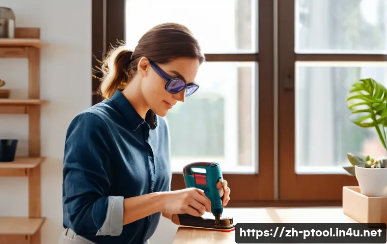 전동 공구 관련 온라인 강의 추천 - A focused woman in her early 30s, wearing comfortable, practical everyday clothes including a long-s...