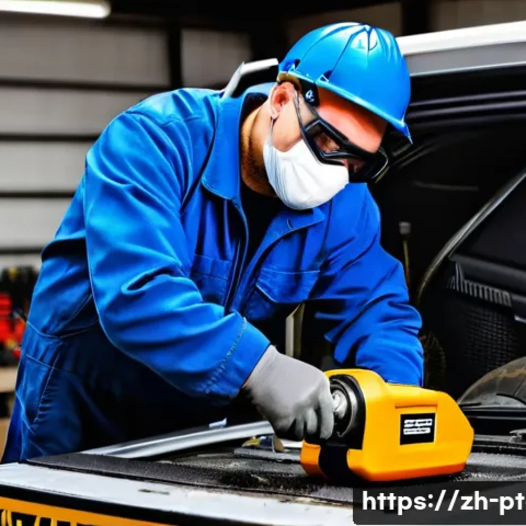 전동 공구로 자동차 수리하는 법 - A detailed workshop scene showing a skilled mechanic wearing gloves, safety goggles, and a dust mask...