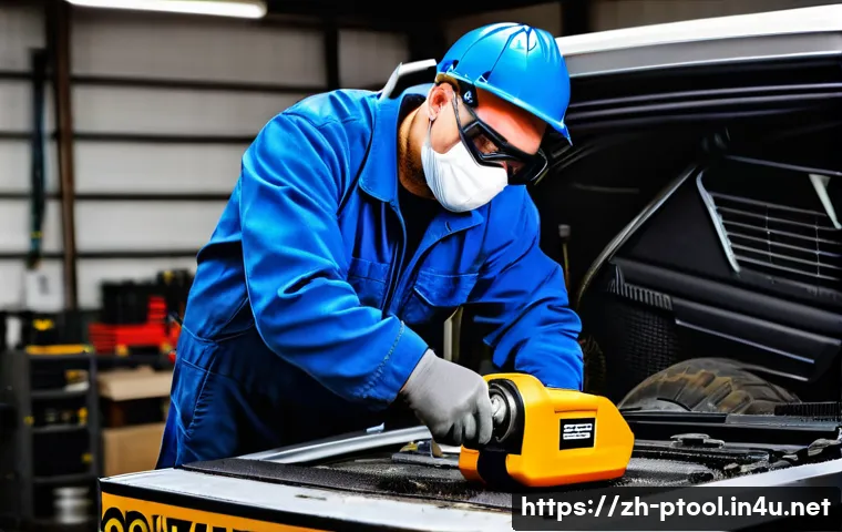 전동 공구로 자동차 수리하는 법 - A detailed workshop scene showing a skilled mechanic wearing gloves, safety goggles, and a dust mask...