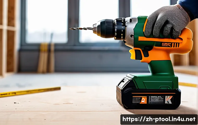 전동 공구 유지비 계산법 - A detailed close-up of a professional cordless electric drill in use on a construction site, showing...