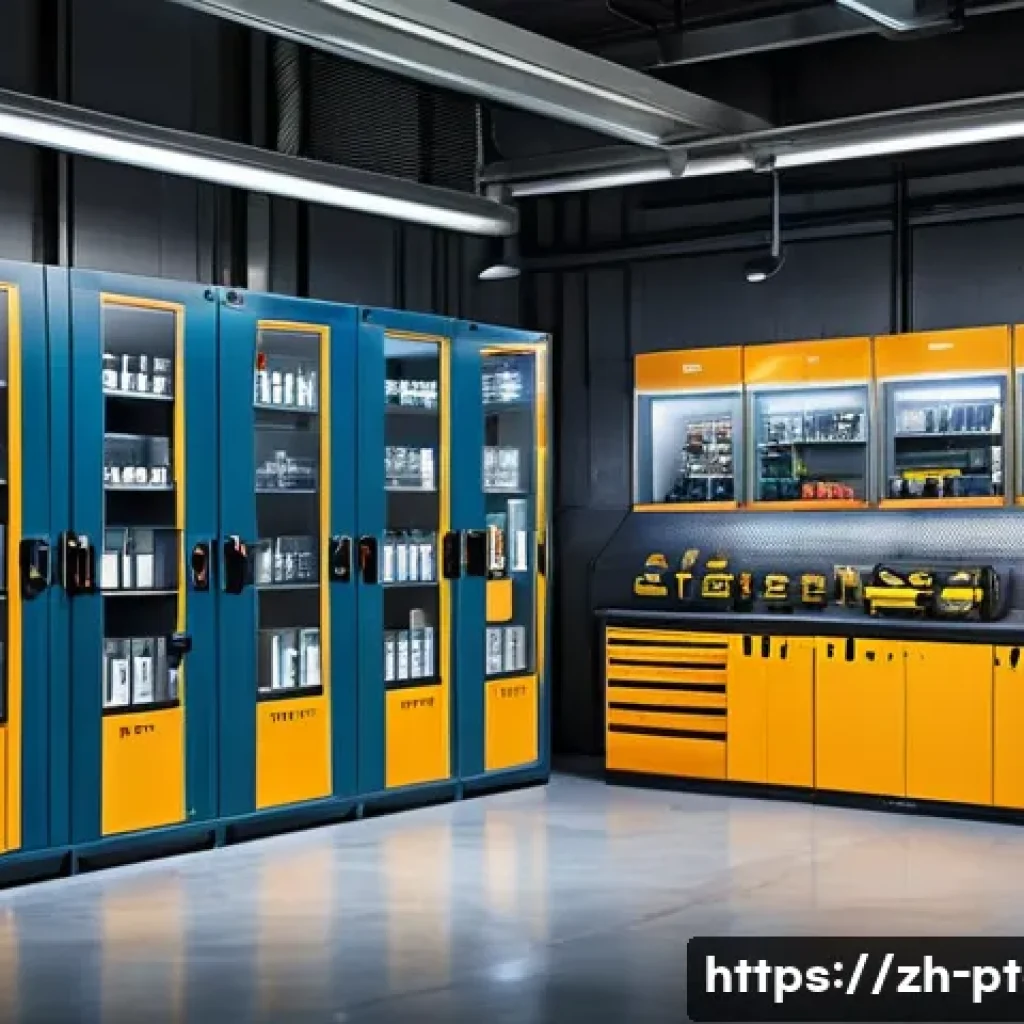 전동 공구 도난 방지 방법 - A modern industrial workshop scene showing a securely locked storage cabinet made of fireproof and w...