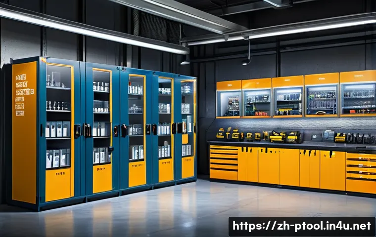 전동 공구 도난 방지 방법 - A modern industrial workshop scene showing a securely locked storage cabinet made of fireproof and w...