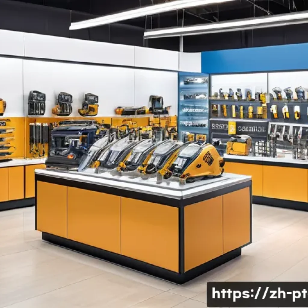 전동 공구 보증 기간 - A modern, bright retail store interior showcasing a diverse display of electric power tools from var...