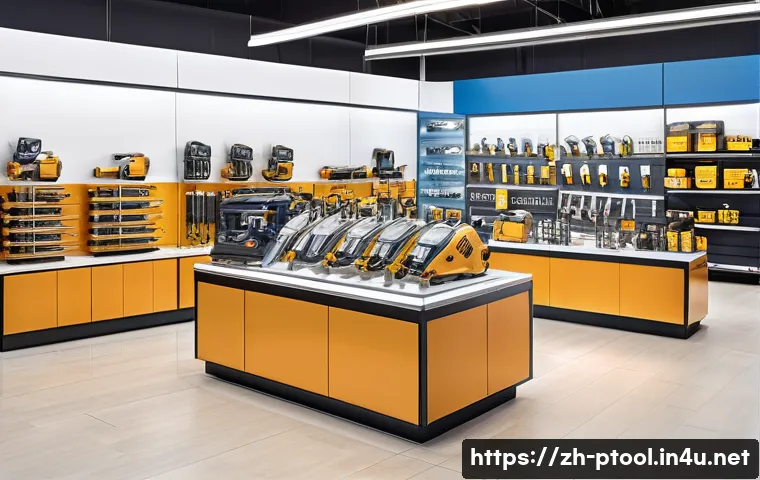 전동 공구 보증 기간 - A modern, bright retail store interior showcasing a diverse display of electric power tools from var...