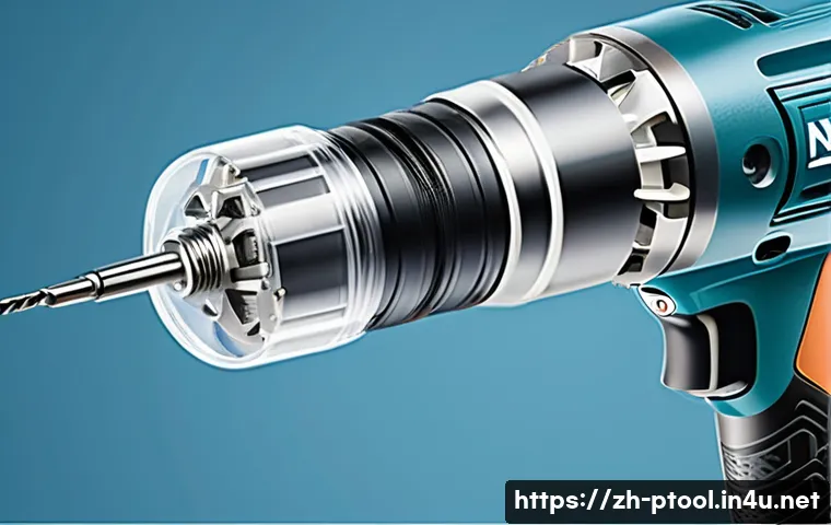전동 공구 소음 비교 - A detailed cross-sectional illustration of an electric drill showcasing its internal mechanical stru...