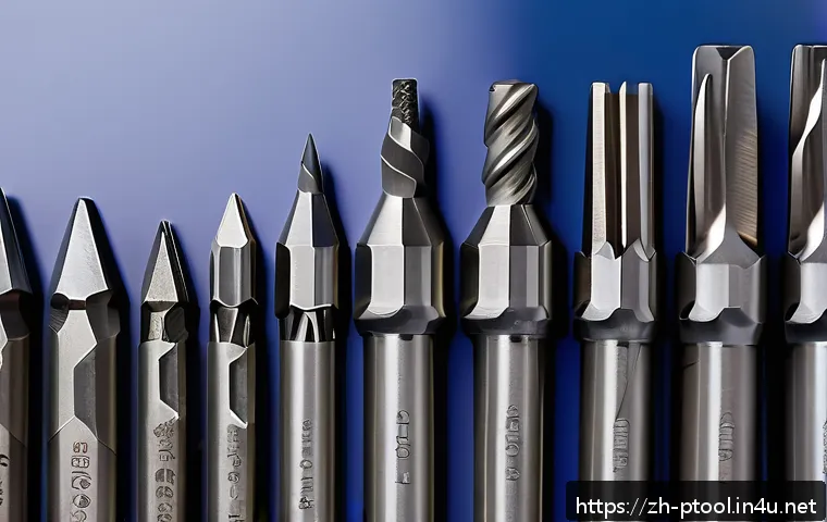 전동 공구 부품 호환성 체크 - A highly detailed close-up of various electric drill bits arranged neatly on a workshop table, showc...
