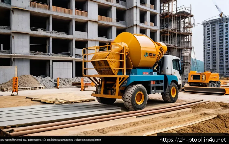 전동 공구로 콘크리트 작업 가능할까 - A busy construction site focused on concrete work, featuring a skilled worker wearing safety gear op...