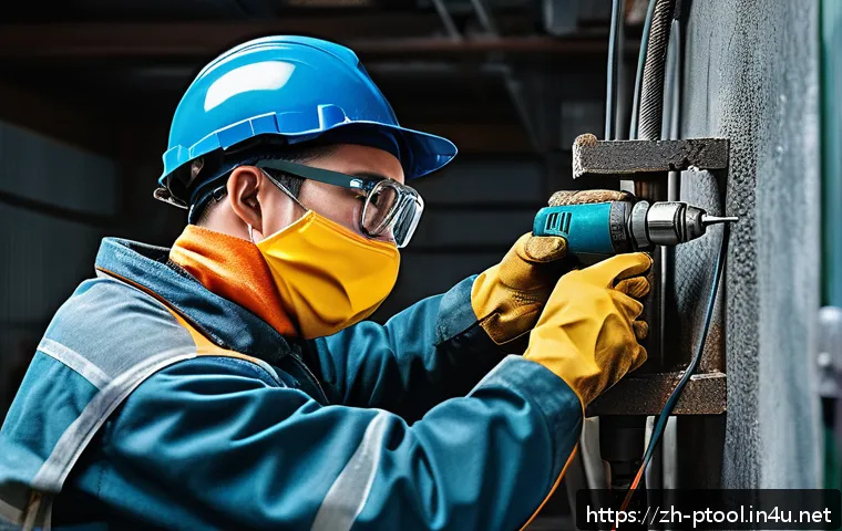 전기 드릴과 충전 드릴 차이 - A realistic workshop scene showing a professional craftsman using a corded electric drill to bore in...