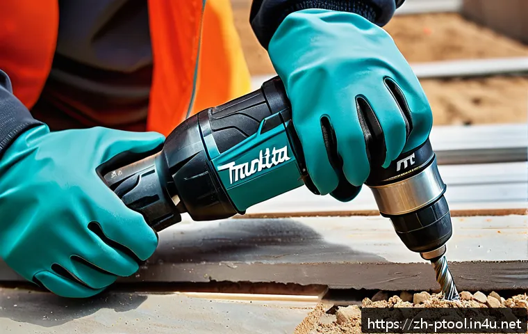 마끼다 전동 공구 사용 후기 - A professional-grade Makita electric drill model XPH12 in use on a construction site, held by a work...
